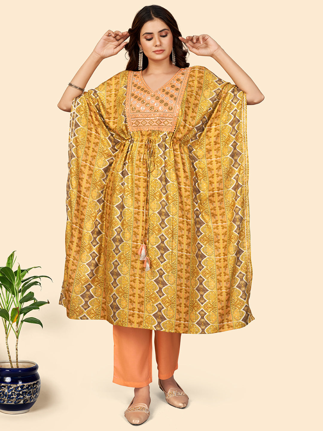 NOZ2TOZ Women Yellow Rayon Kaftan Kurta With Pant (2pcs Set) - Swadesiicart