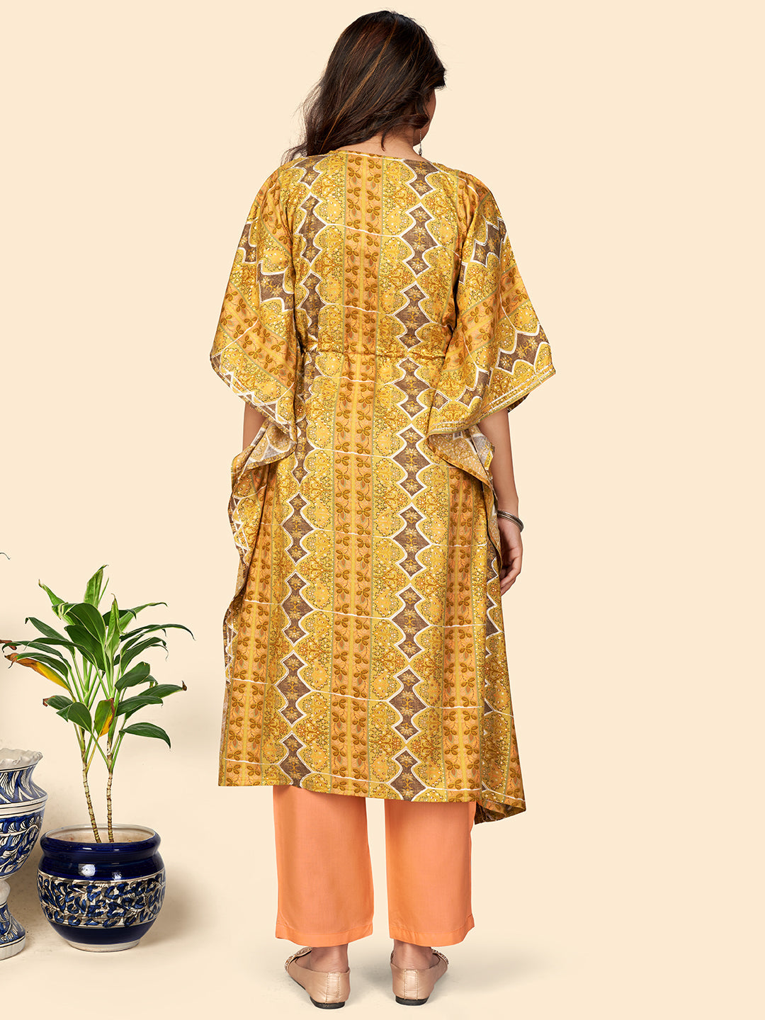 NOZ2TOZ Women Yellow Rayon Kaftan Kurta With Pant (2pcs Set) - Swadesiicart