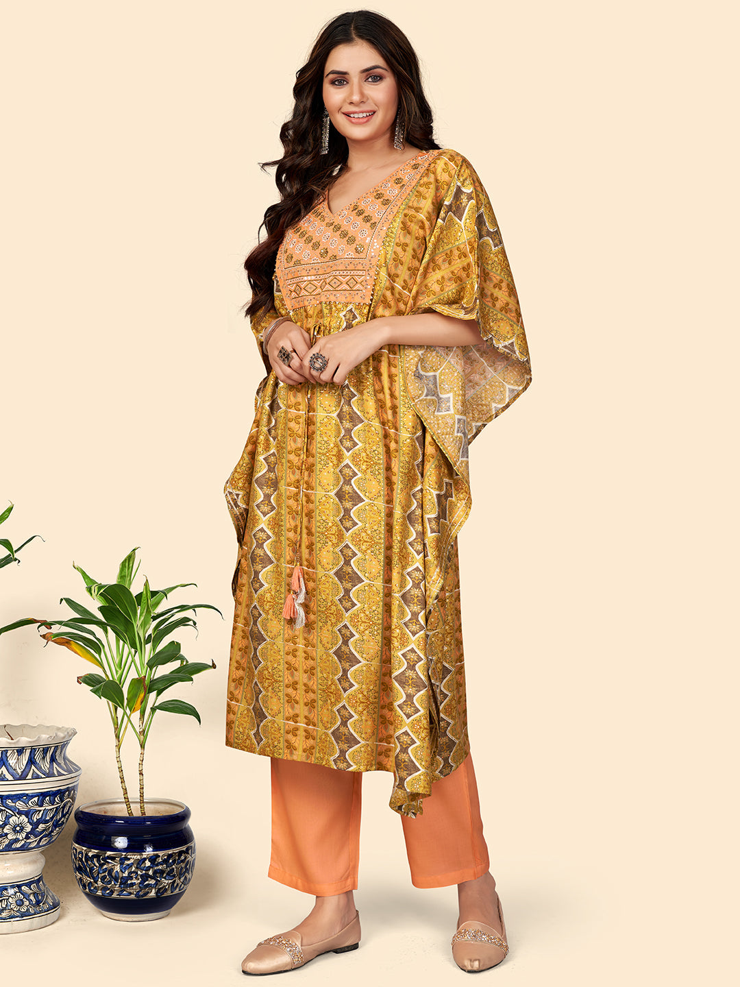 NOZ2TOZ Women Yellow Rayon Kaftan Kurta With Pant (2pcs Set) - Swadesiicart