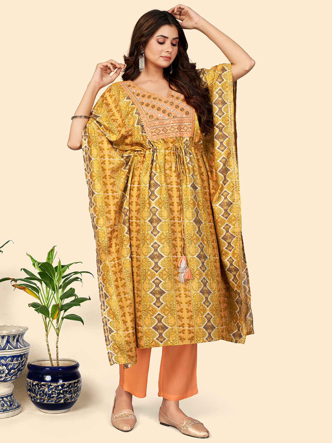NOZ2TOZ Women Yellow Rayon Kaftan Kurta With Pant (2pcs Set) - Swadesiicart