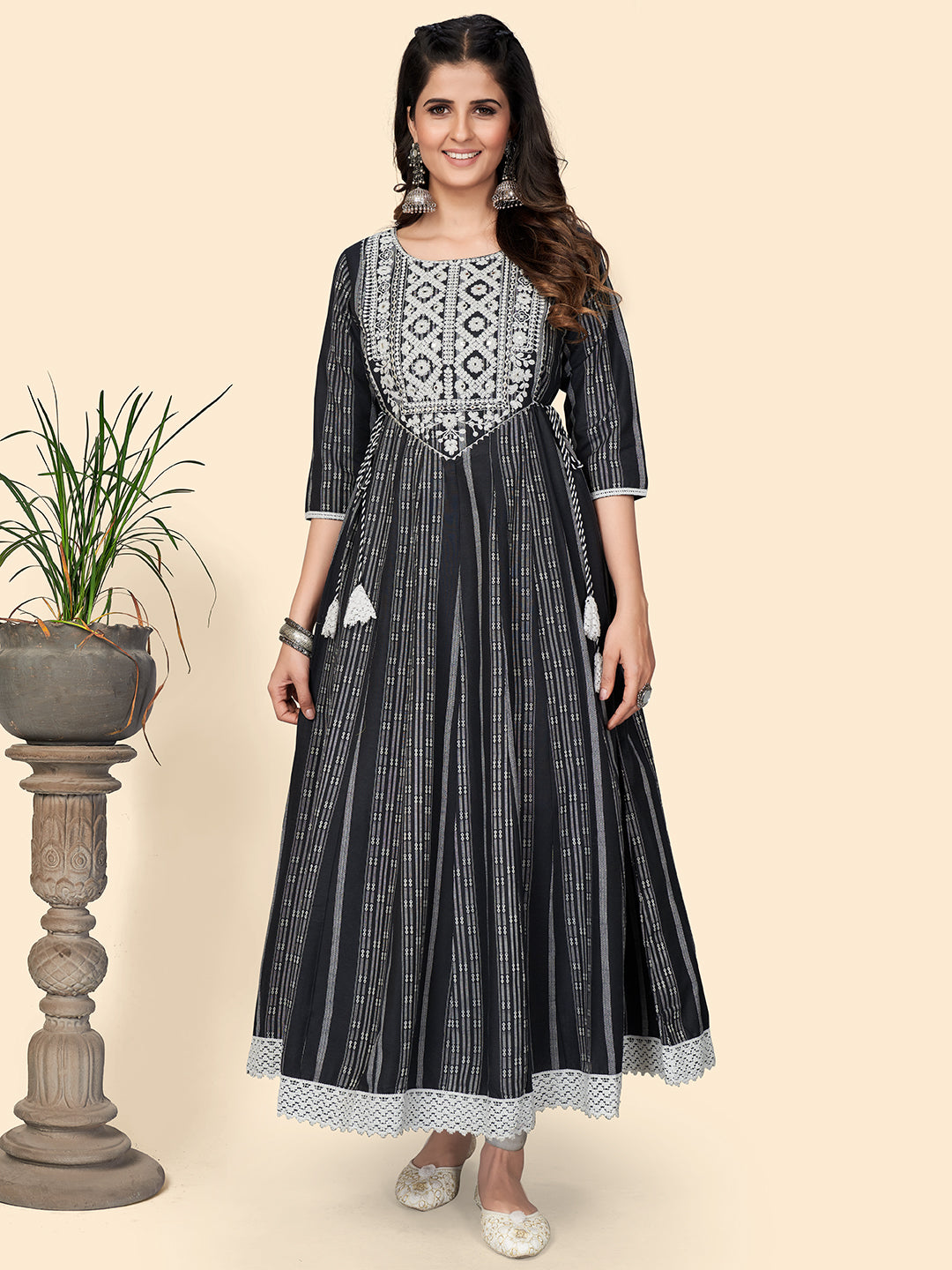 NOZ2TOZ Women's Print & Embroidered Anarkali Cotton Black Stitched Kurta - Noz2Toz