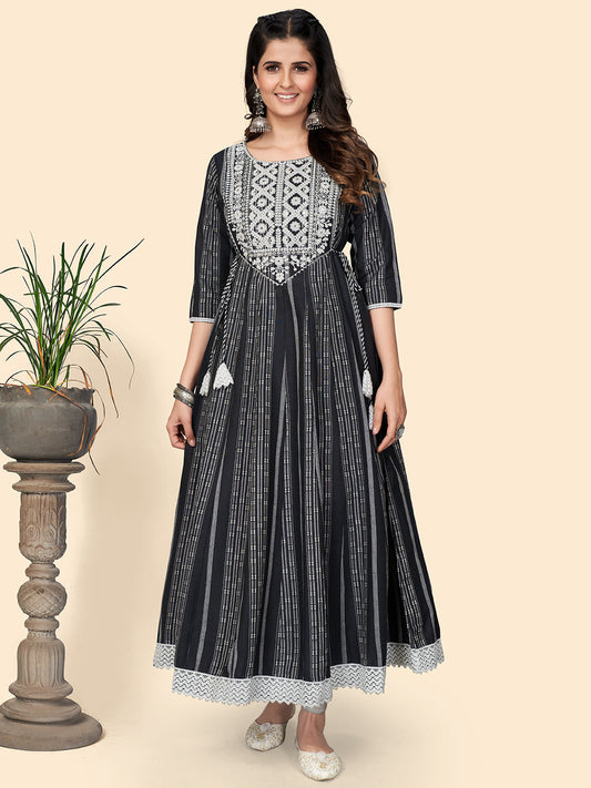 NOZ2TOZ Women's Print & Embroidered Anarkali Cotton Black Stitched Kurta - Noz2Toz