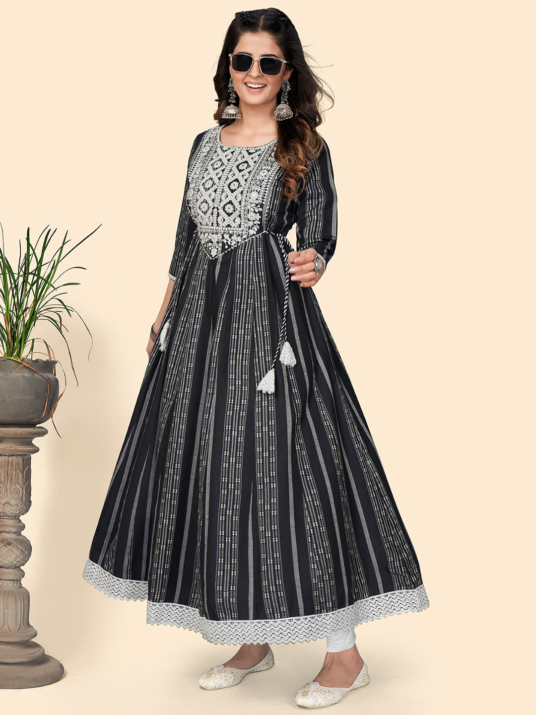 NOZ2TOZ Women's Print & Embroidered Anarkali Cotton Black Stitched Kurta - Swadesiicart