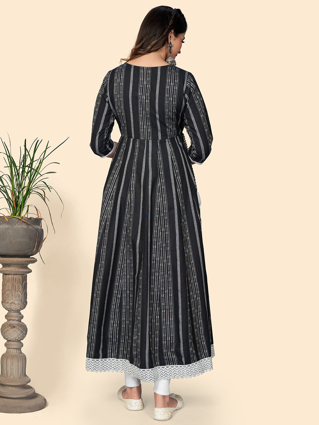 NOZ2TOZ Women's Print & Embroidered Anarkali Cotton Black Stitched Kurta - Swadesiicart