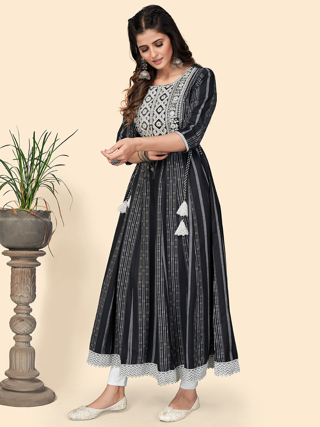 NOZ2TOZ Women's Print & Embroidered Anarkali Cotton Black Stitched Kurta - Swadesiicart