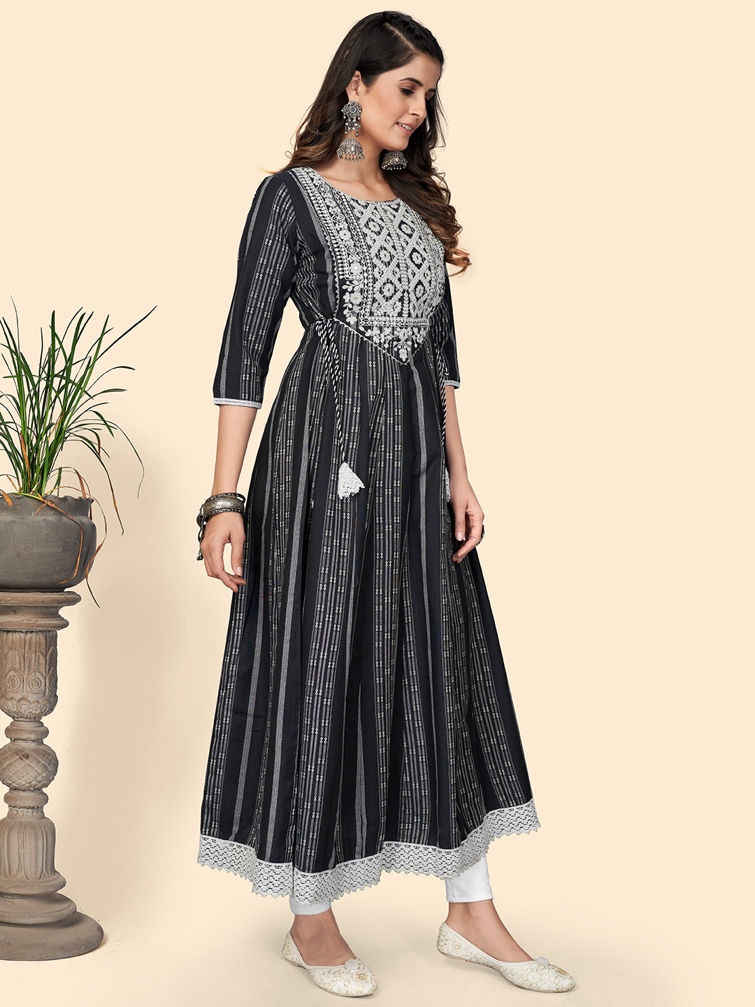 NOZ2TOZ Women's Print & Embroidered Anarkali Cotton Black Stitched Kurta - Swadesiicart