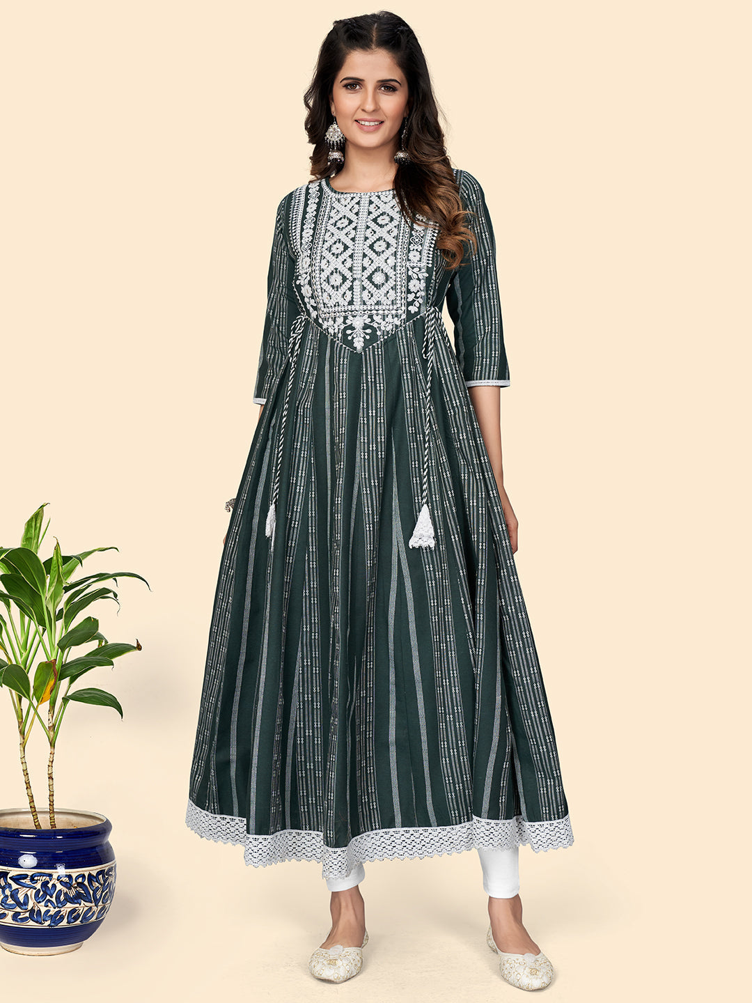 NOZ2TOZ Women's Print & Embroidered Anarkali Cotton Green Stitched Kurta - Noz2Toz
