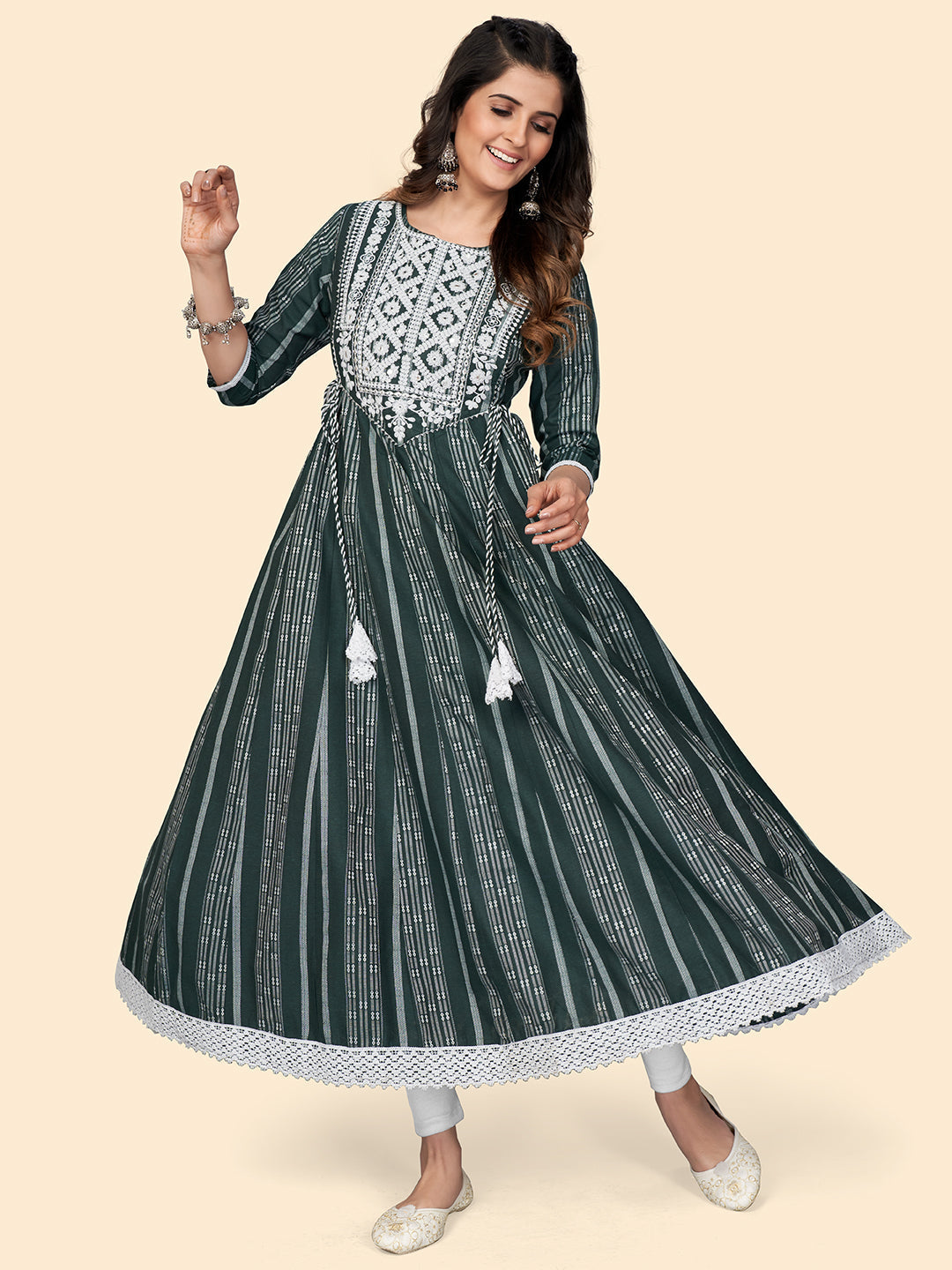 NOZ2TOZ Women's Print & Embroidered Anarkali Cotton Green Stitched Kurta - Swadesiicart