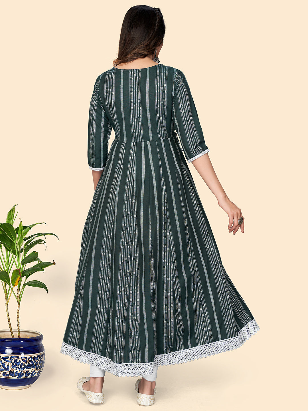NOZ2TOZ Women's Print & Embroidered Anarkali Cotton Green Stitched Kurta - Swadesiicart