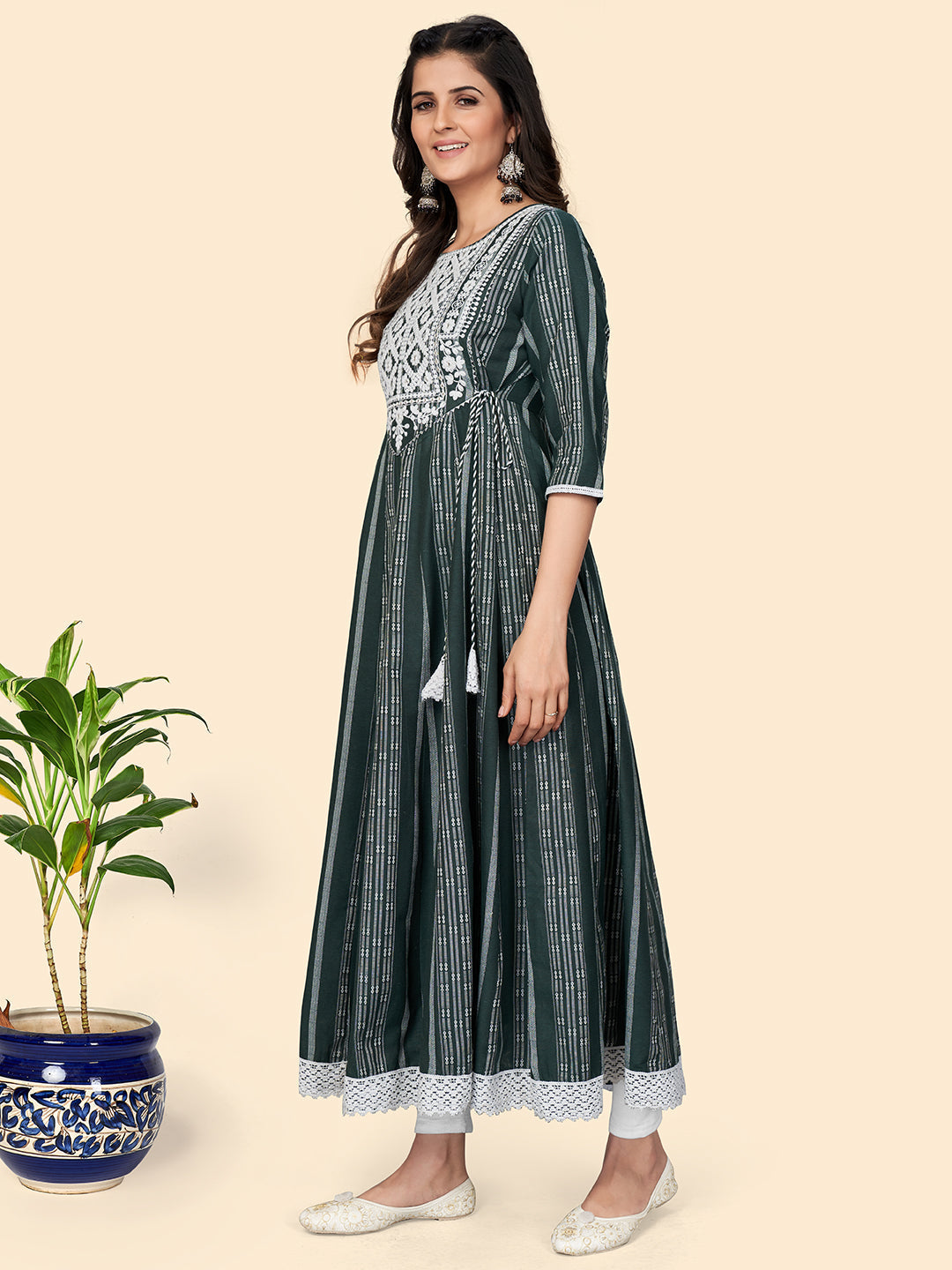 NOZ2TOZ Women's Print & Embroidered Anarkali Cotton Green Stitched Kurta - Swadesiicart