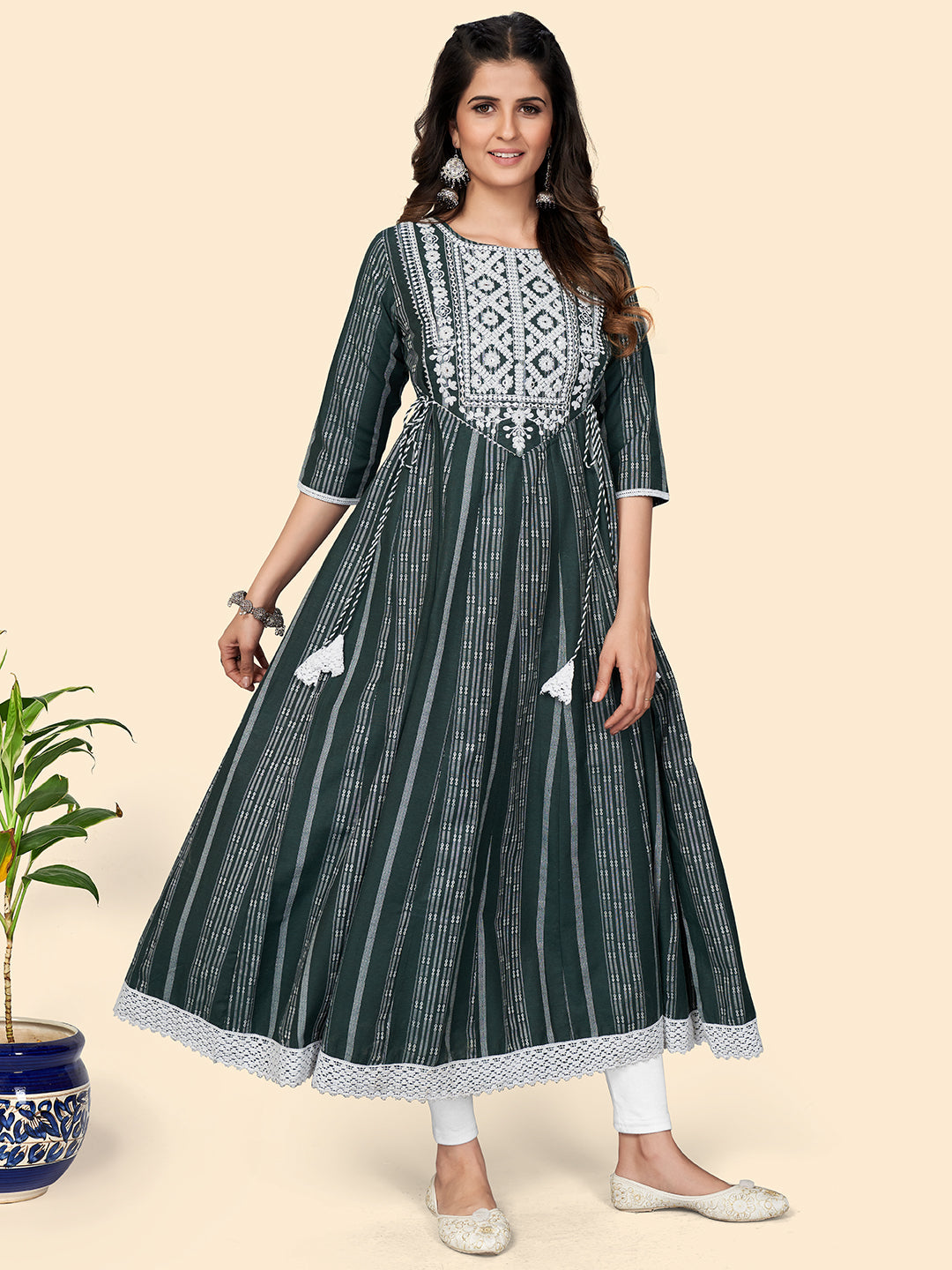 NOZ2TOZ Women's Print & Embroidered Anarkali Cotton Green Stitched Kurta - Swadesiicart