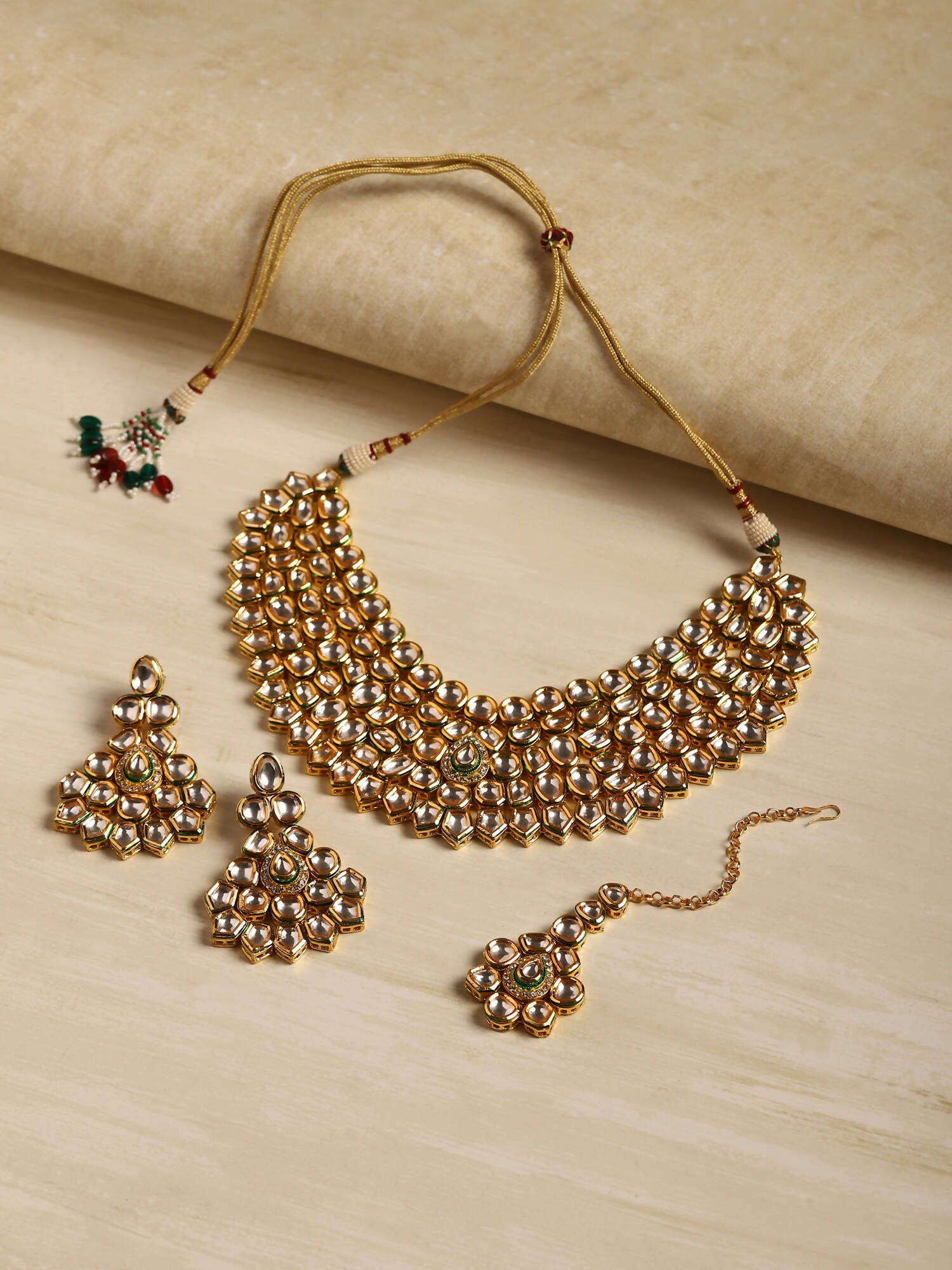 Gold-Polished Maharani Kundan Neckpiece With Earrings And Maang Tikka - Ruby Raang - Swadesiicart