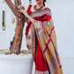 Zibaa Hand-Blocked Pure Maheshwari Silk Red Saree | Swadesiicart
