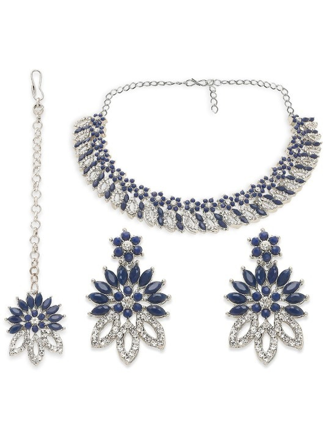 Jewel City Rhodium-Plated Stones Studded Necklace & Earrings With Maang Tika | Swadesiicart