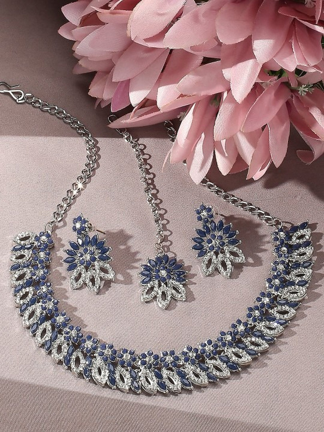 Jewel City Rhodium-Plated Stones Studded Necklace & Earrings With Maang Tika | Swadesiicart