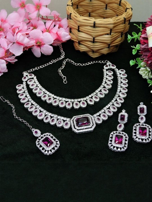 Jewel City Rhodium-Plated Necklace Set | Bridal & Party Statement Jewelry Set for Women | Designer Choker, Earrings, Maang Tikka | Swadesiicart