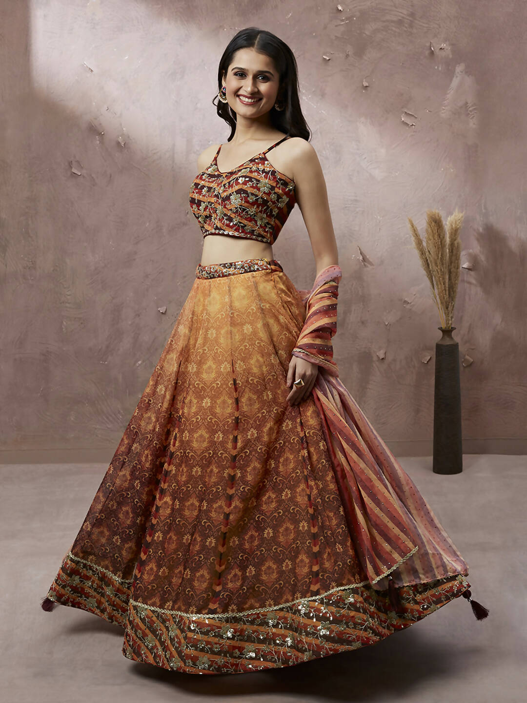 House of Panchhi Brown Organza Floral Print and sequinse work Lehenga choli & Dupatta | Swadesiicart