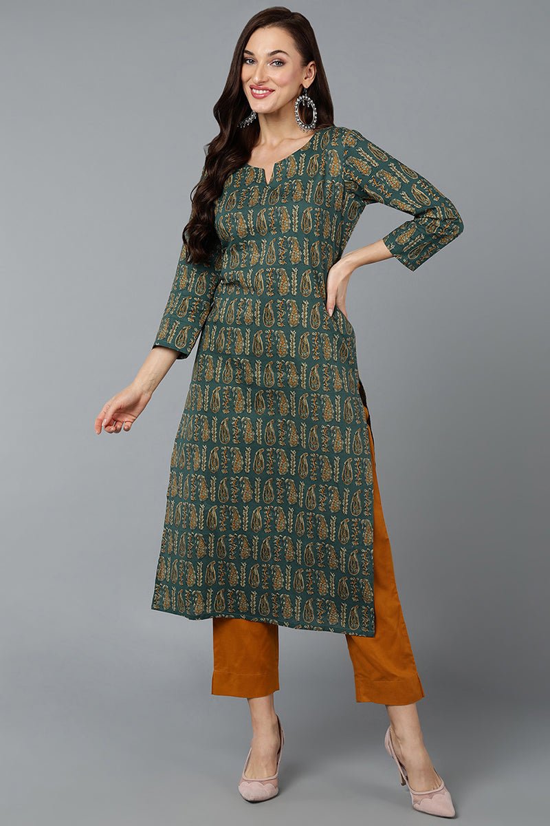 Ahika Cotton Blend Green Paisley Printed Straight Kurta - Swadesiicart