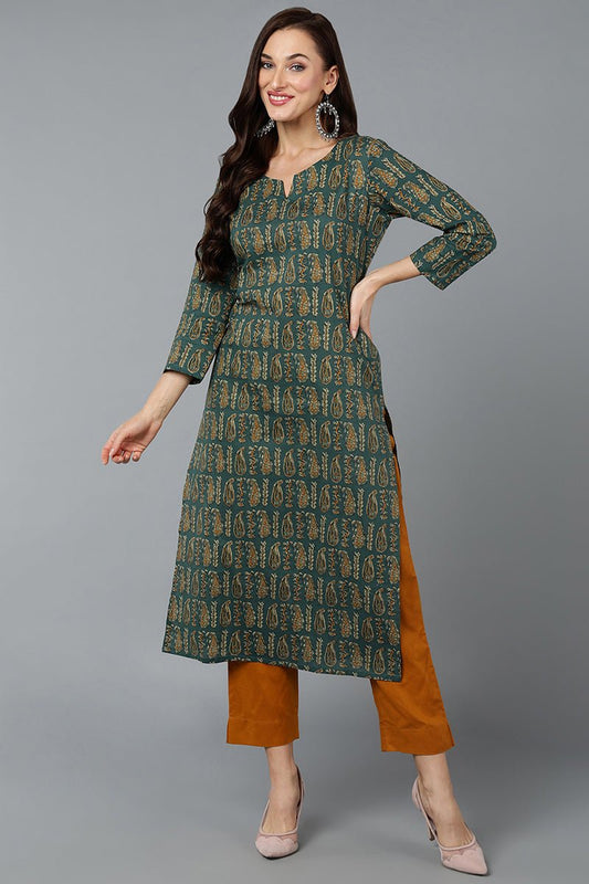 Ahika Cotton Blend Green Paisley Printed Straight Kurta - Swadesiicart