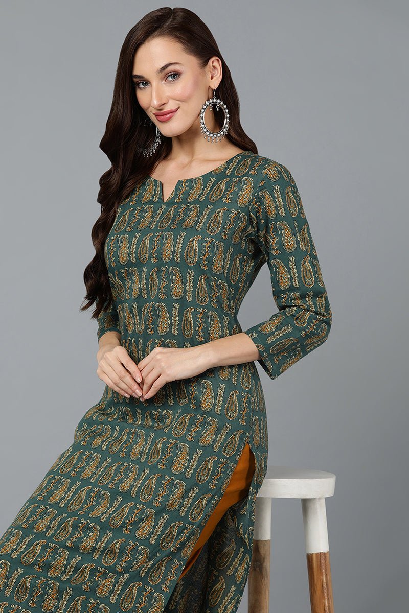 Ahika Cotton Blend Green Paisley Printed Straight Kurta - Swadesiicart