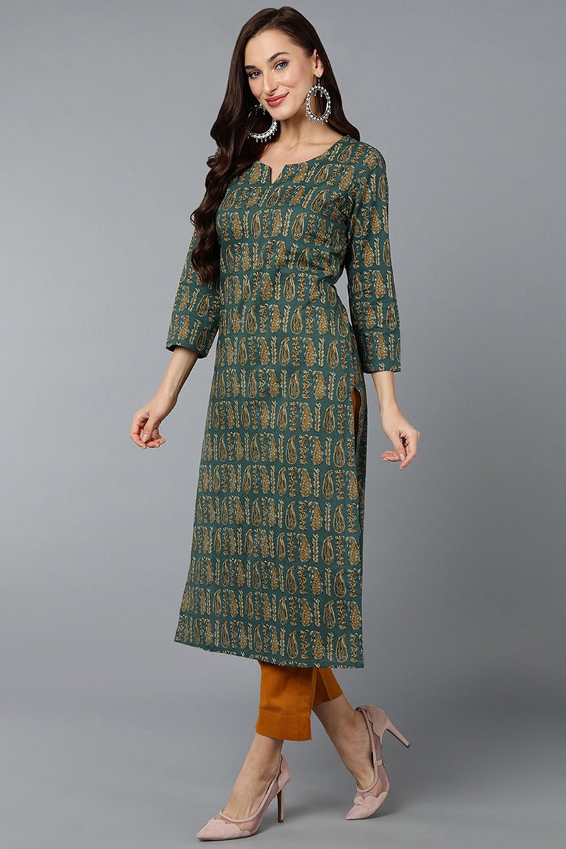 Ahika Cotton Blend Green Paisley Printed Straight Kurta - Swadesiicart