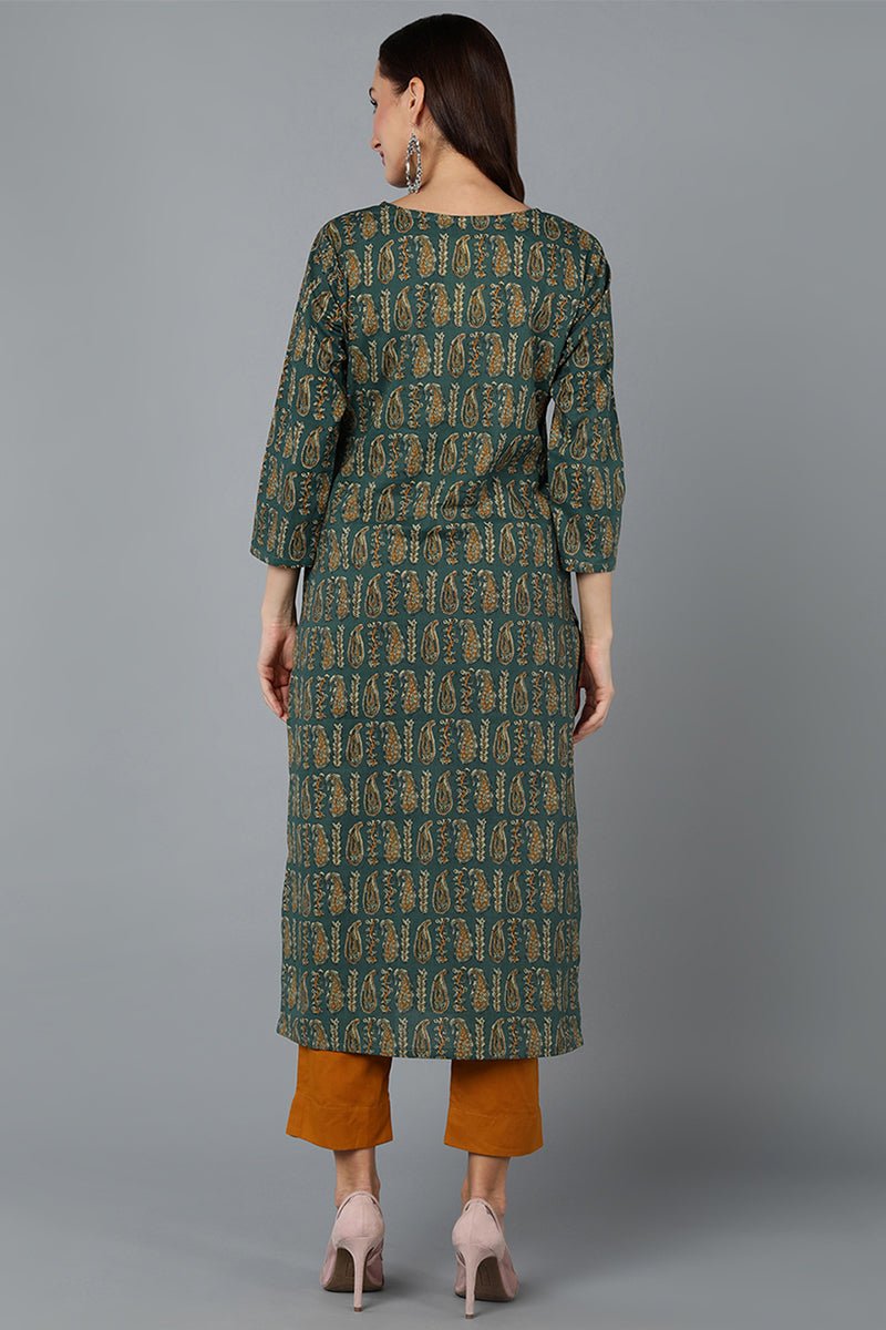 Ahika Cotton Blend Green Paisley Printed Straight Kurta - Swadesiicart