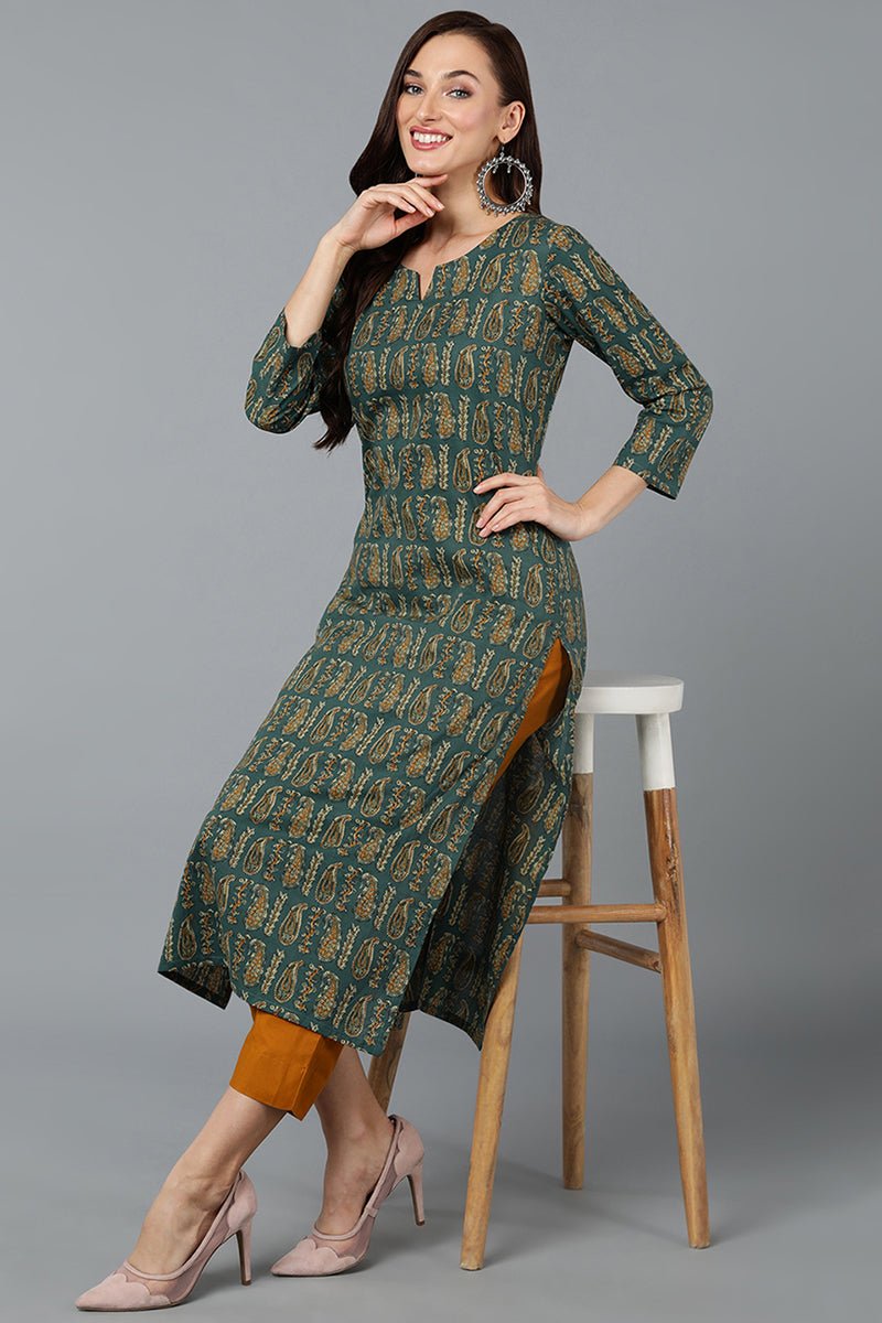 Ahika Cotton Blend Green Paisley Printed Straight Kurta - Swadesiicart