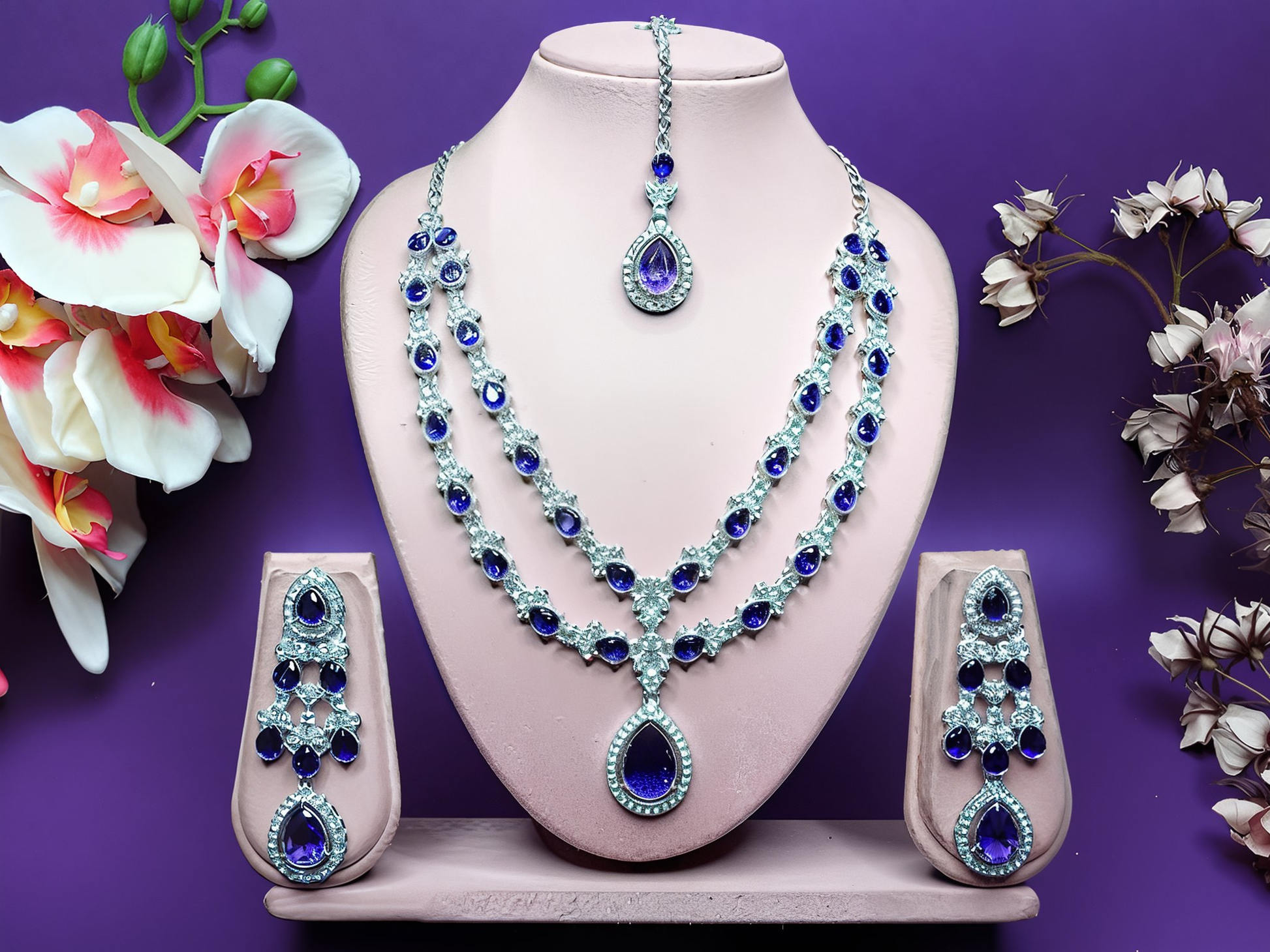 Jewel City Teardrop Bridal Necklace Set with Earrings & Maang Tikka - Ethnic Wedding Jewelry for Brides & Parties | Swadesiicart