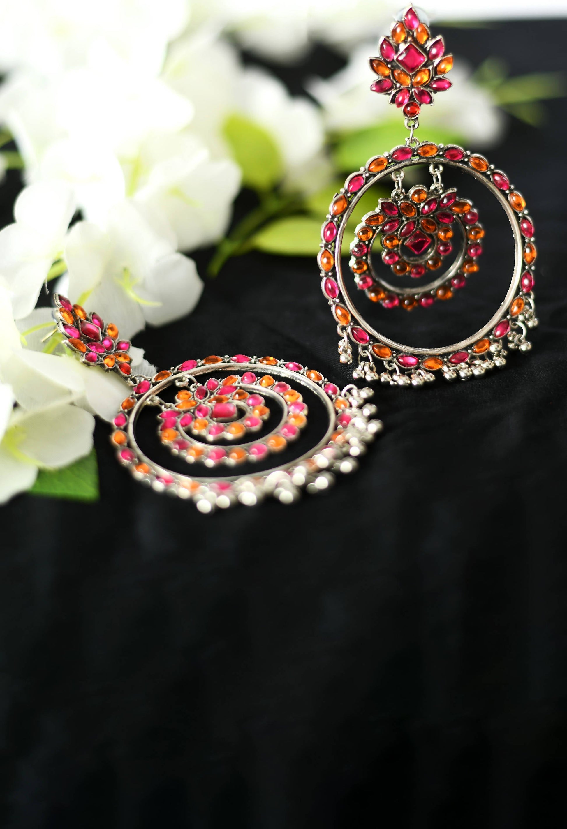 Mominos Fashion Johar Kamal Women's Pink & Orange Kundan Circles Earrings - Swadesiicart