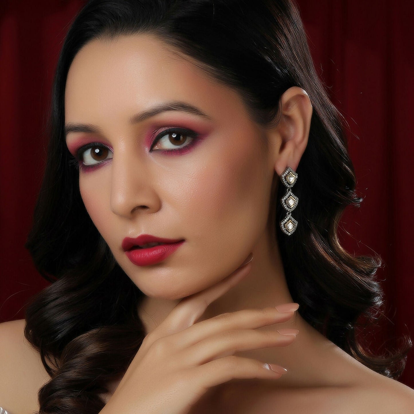 3 Tier Kundan and Diamond Earrings (Silver) - Ruby Raang - Ruby Raang Studio