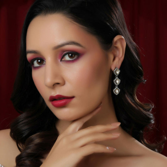 3 Tier Kundan and Diamond Earrings (Silver) - Ruby Raang - Ruby Raang Studio