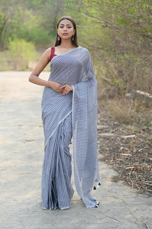 Very Much Indian Designer Pure Cotton Saree With All Over Linear Stripes - Sage Grey | Swadesiicart