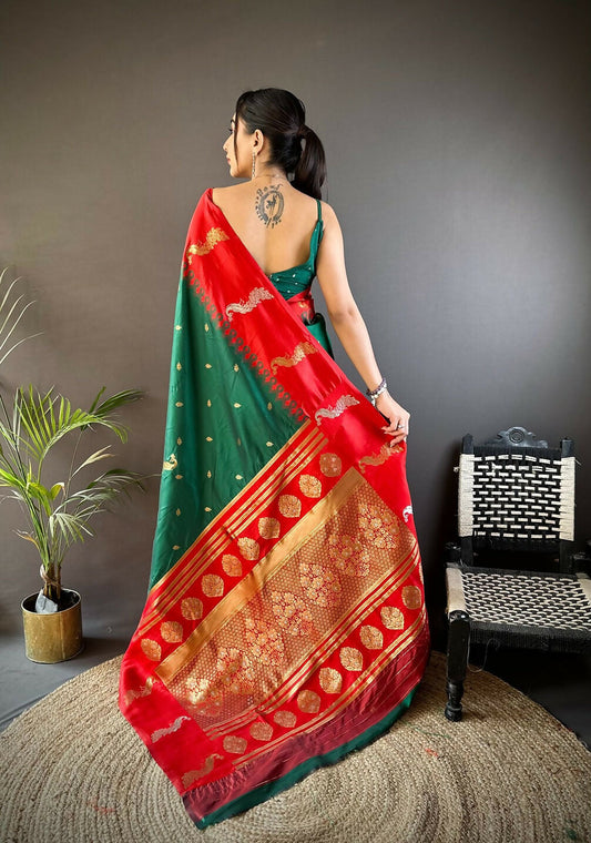 Joban Fashion Red Peacock,Butti Banarasi Silk Sarees | Swadesiicart