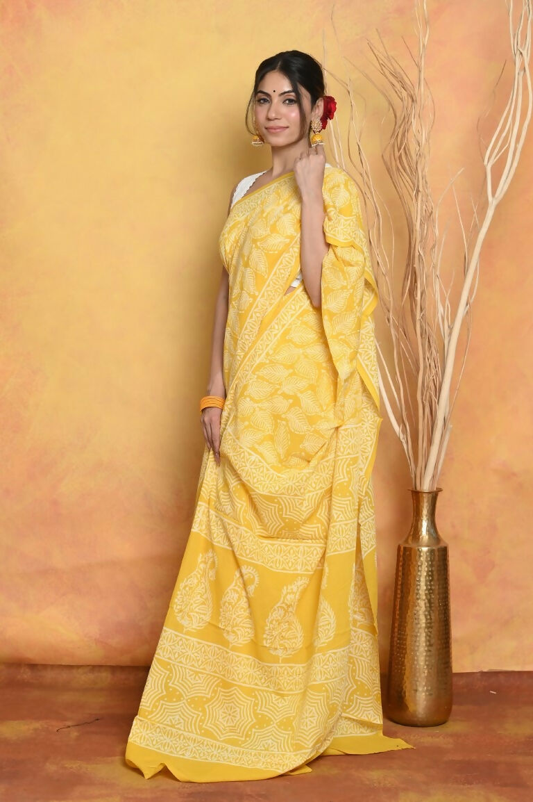Very Much Indian Handblock Printed Cotton Saree With Natural Dyes - Yellow | Swadesiicart