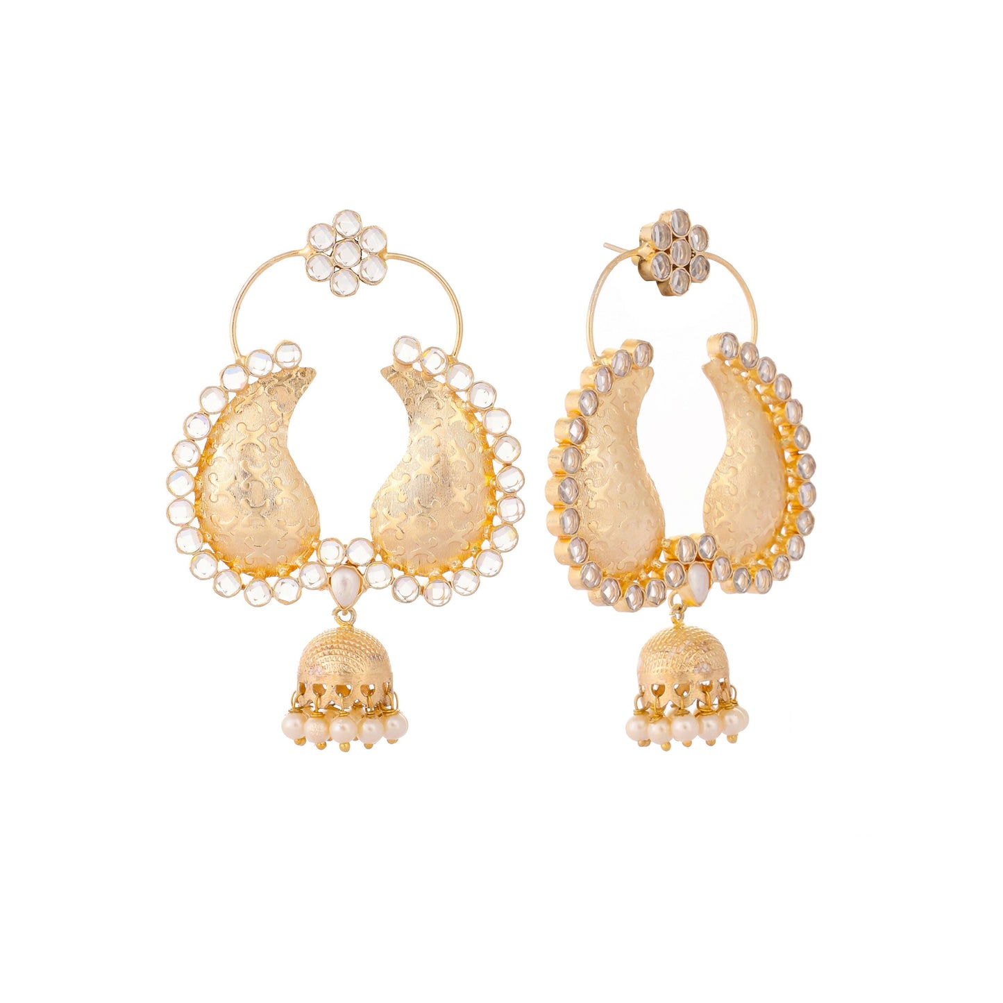 Nuyug 22K Gold Plated White Stone Studded Contemporary Mini Jhumki Dangler Earrings | Swadesiicart