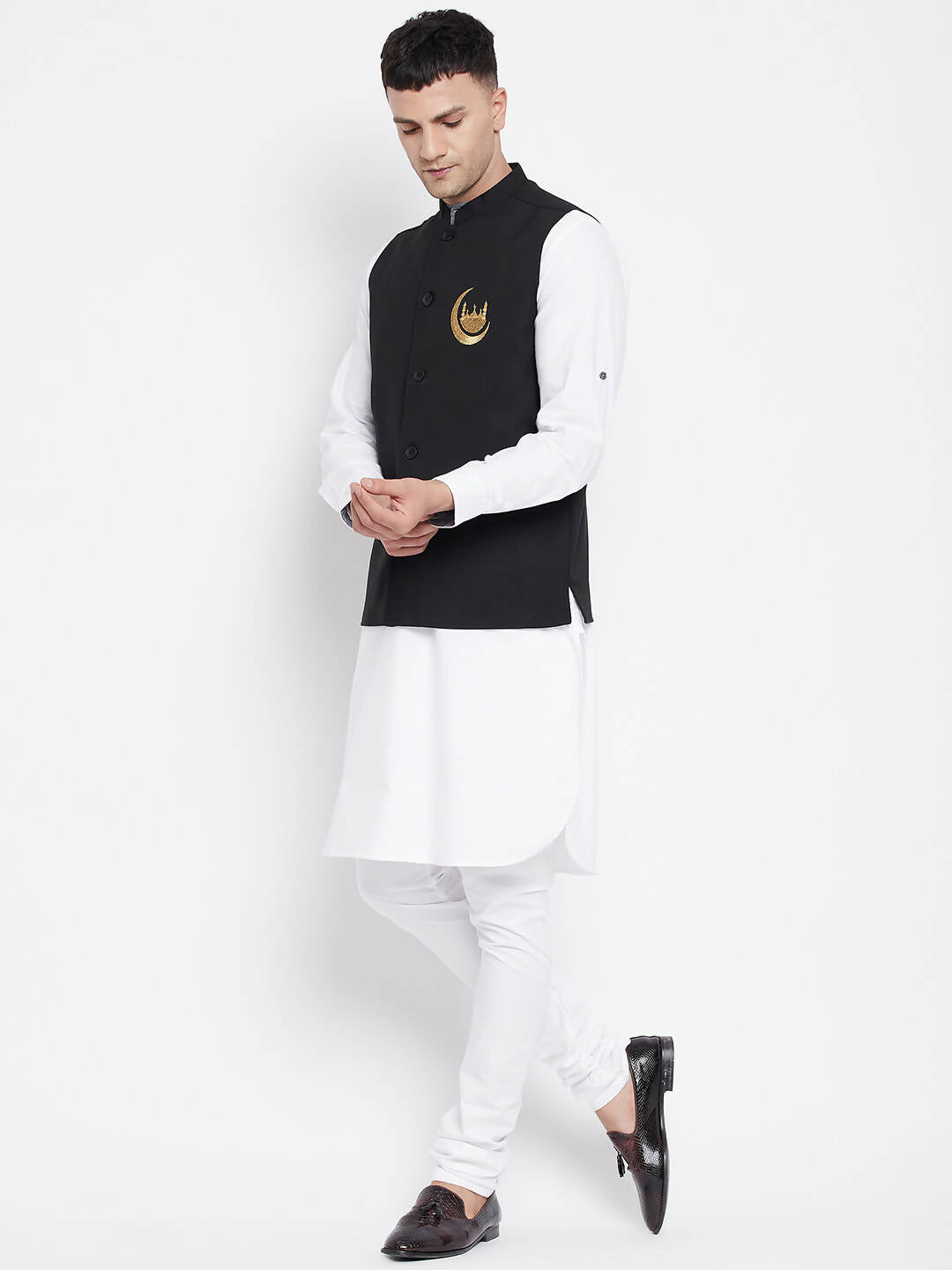 Even Apparels Black Pure Cotton White Kurta Sets With Eid Insignia Jackets PW668-CHA | Swadesiicart