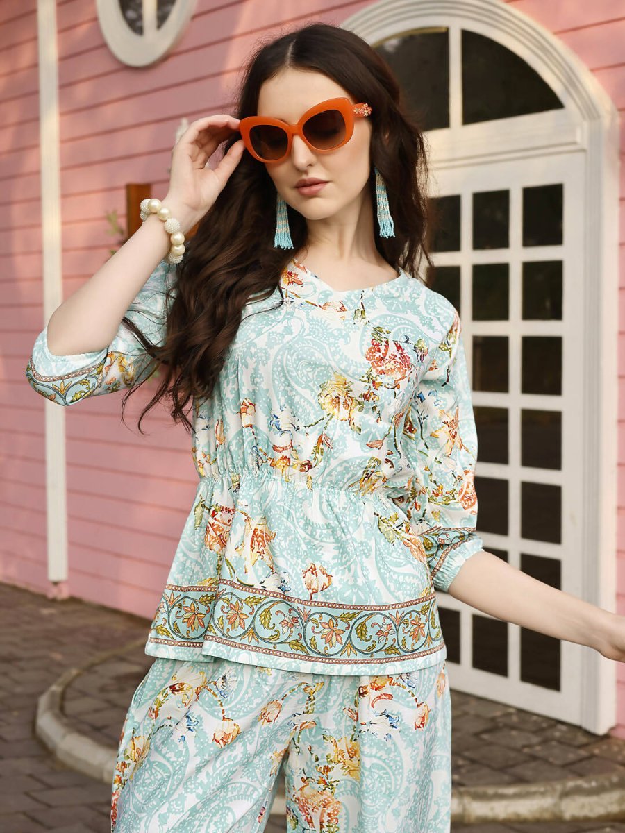 Aqua Blue Rayon Paisley & Floral Printed Top with Matching Bottom - Eesha - Swadesiicart