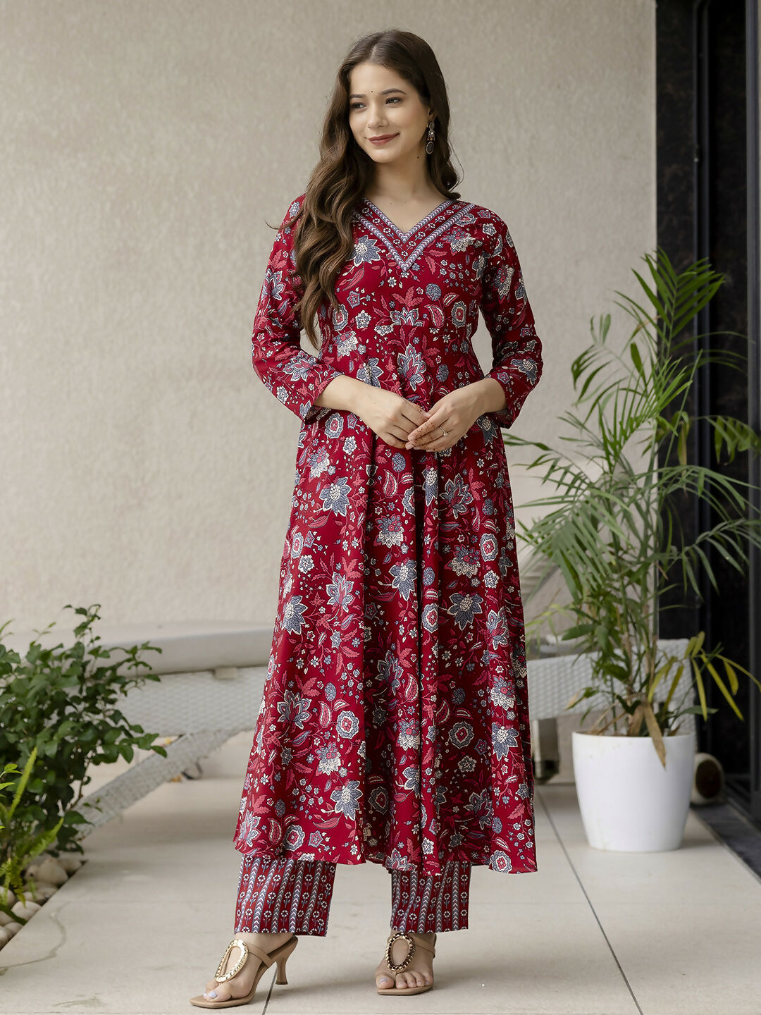 The52 Maroon Women's Gorgeous Rayon Fabric Printed Work Flared Kurta, Pant and Dupatta Set - Swadesiicart