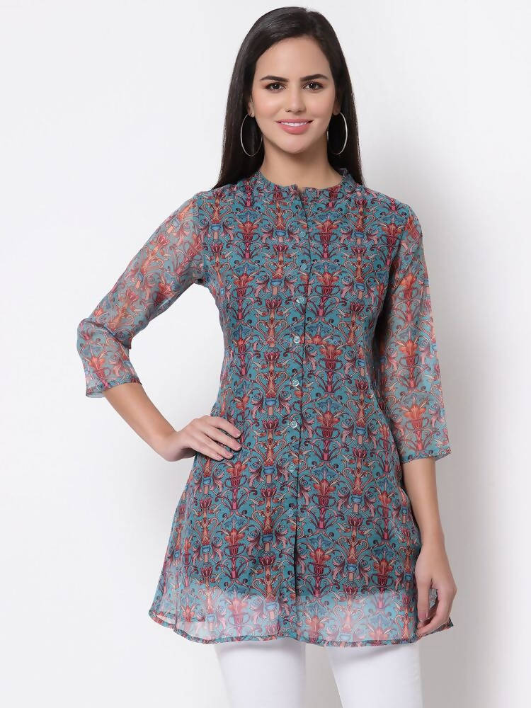 Myshka Women's Beautiful Organza Printed Printed 3/4 Sleeve Round Neck Casual Multicolor Tunic