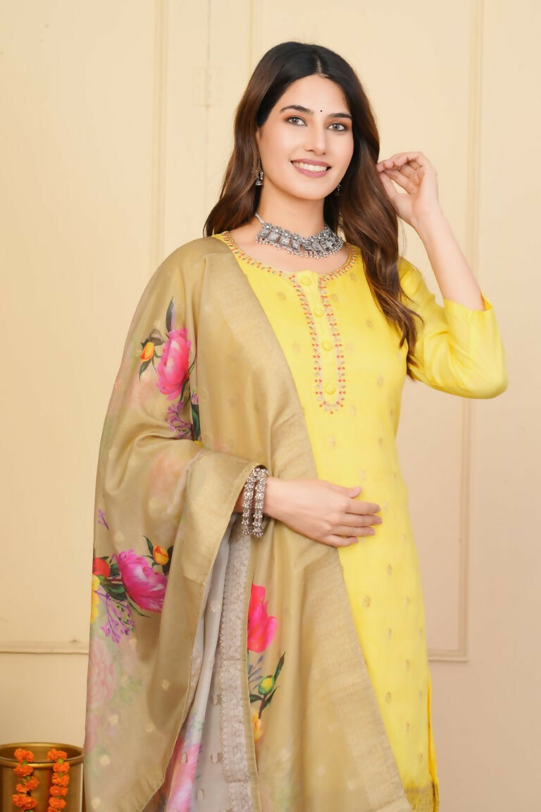 Yellow Viscose Organza Jacquard Embroidered Stitched Suit With Dupatta - Tanisha | Swadesiicart