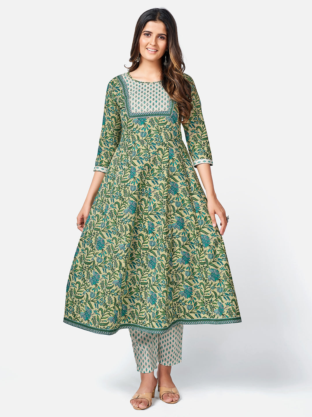 NOZ2TOZ Women Green Anarkali Cotton Kurta with Pant & Dupatta (3pcs Set) - Swadesiicart