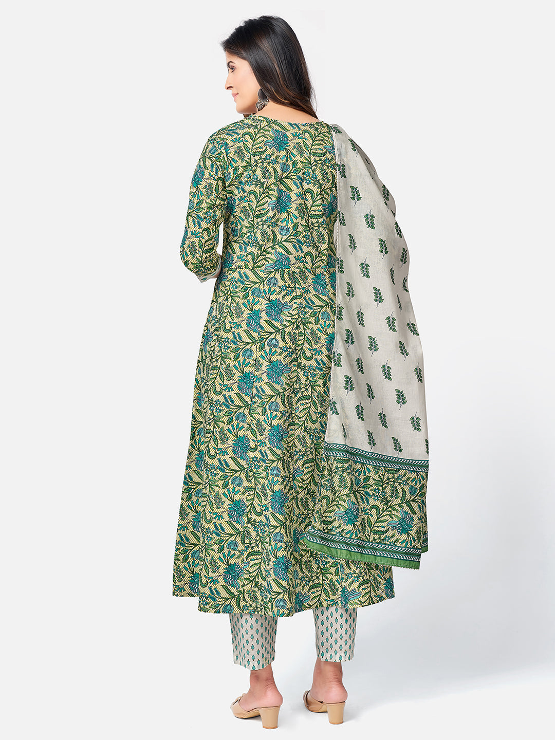 NOZ2TOZ Women Green Anarkali Cotton Kurta with Pant & Dupatta (3pcs Set) - Swadesiicart