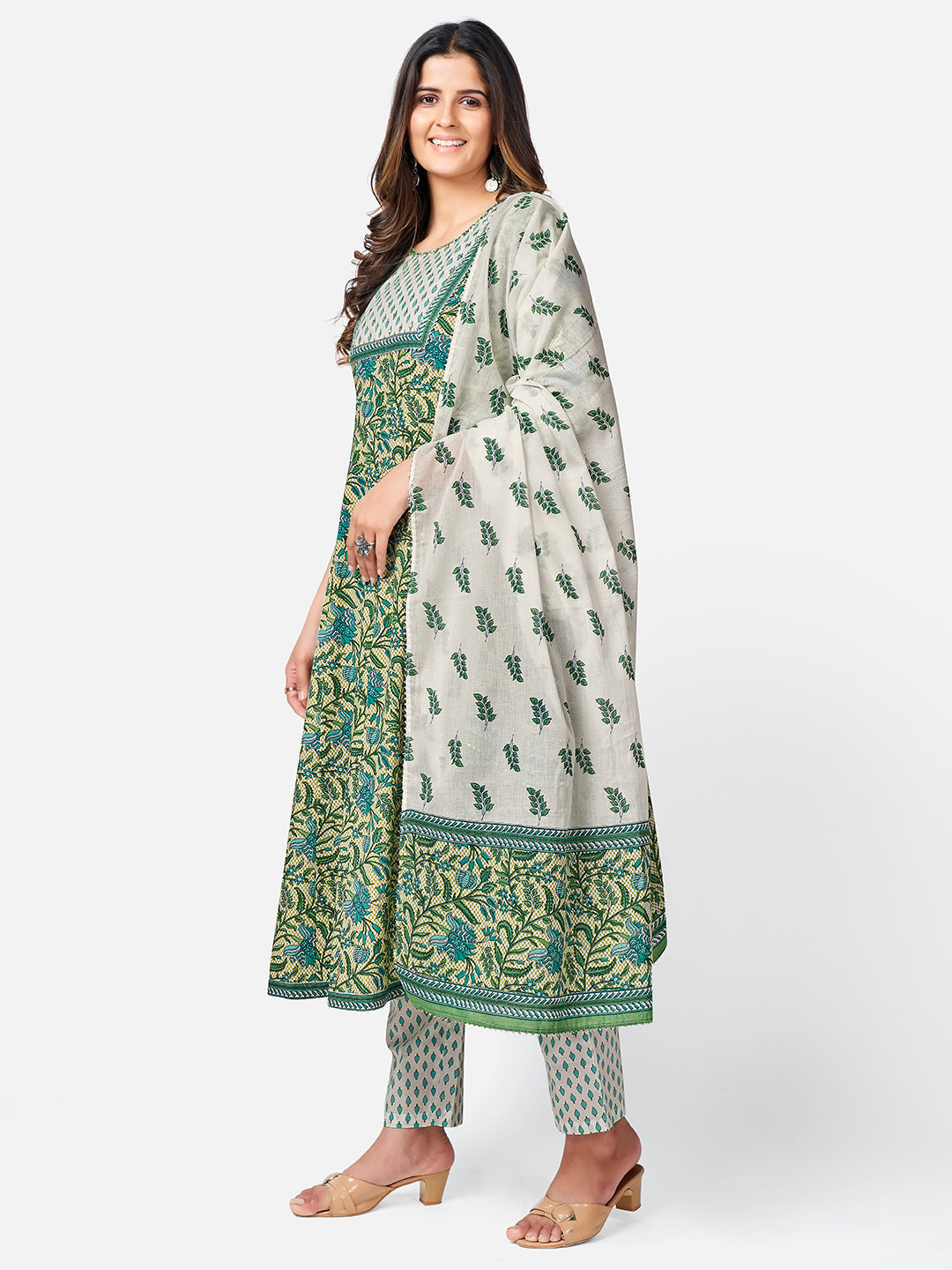 NOZ2TOZ Women Green Anarkali Cotton Kurta with Pant & Dupatta (3pcs Set) - Swadesiicart