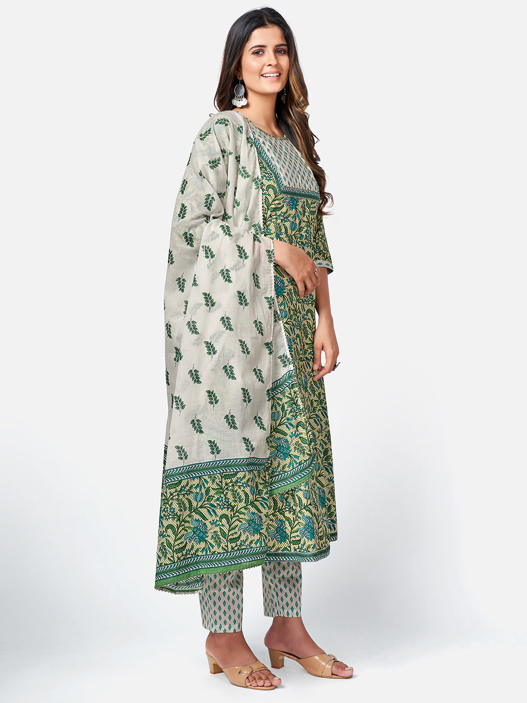 NOZ2TOZ Women Green Anarkali Cotton Kurta with Pant & Dupatta (3pcs Set) - Swadesiicart