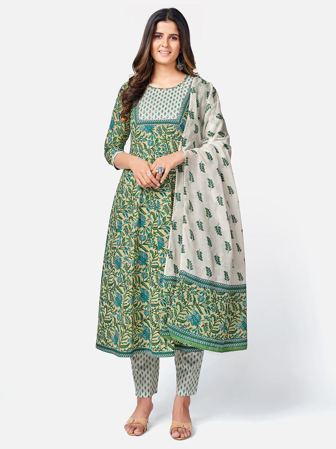 NOZ2TOZ Women Green Anarkali Cotton Kurta with Pant & Dupatta (3pcs Set) - Noz2Toz