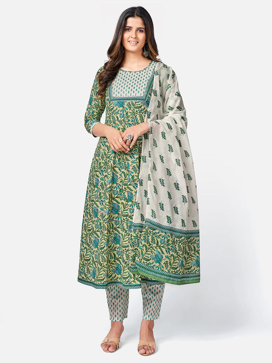 NOZ2TOZ Women Green Anarkali Cotton Kurta with Pant & Dupatta (3pcs Set) - Noz2Toz