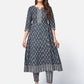 NOZ2TOZ Women Dark Grey Anarkali Cotton Kurta with Pant & Dupatta (3pcs Set) - Swadesiicart