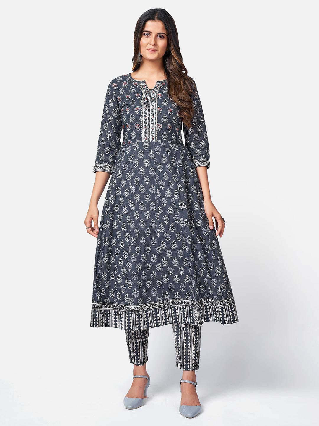 NOZ2TOZ Women Dark Grey Anarkali Cotton Kurta with Pant & Dupatta (3pcs Set) - Swadesiicart