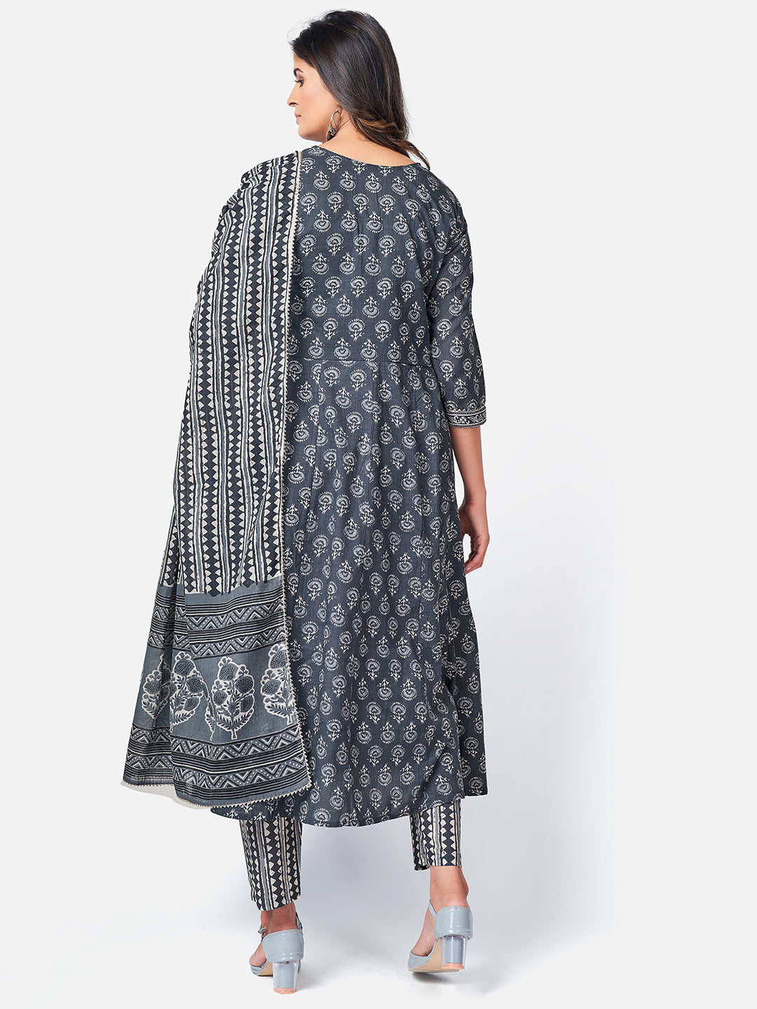 NOZ2TOZ Women Dark Grey Anarkali Cotton Kurta with Pant & Dupatta (3pcs Set) - Swadesiicart