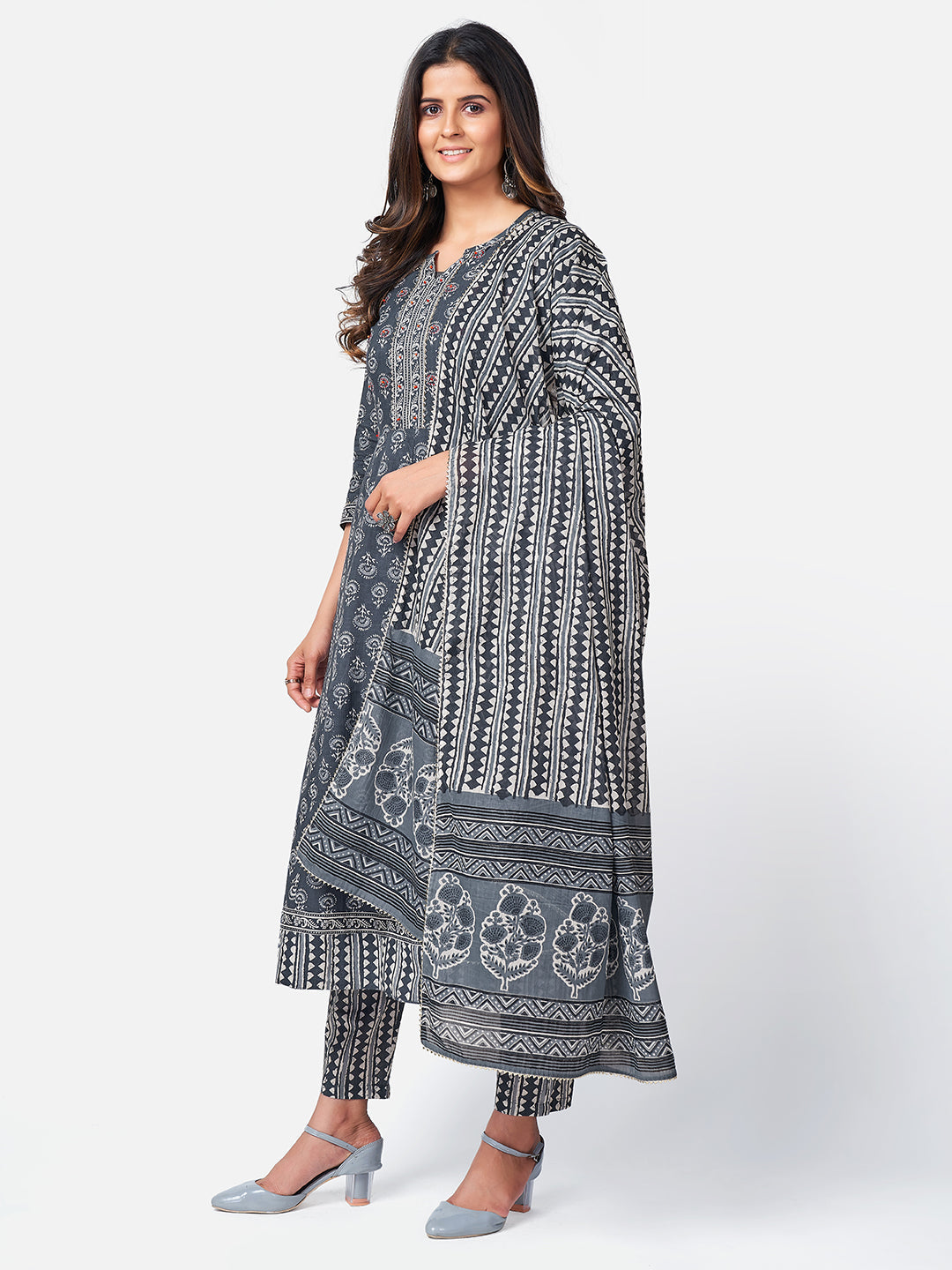 NOZ2TOZ Women Dark Grey Anarkali Cotton Kurta with Pant & Dupatta (3pcs Set) - Swadesiicart